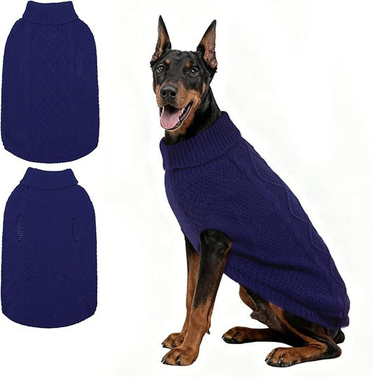 Mihachi Turtleneck Dog Sweater - Winter Coat Apparel Classic Cable Knit Clothes with Leash Hole for Cold Weather, Ideal Gift for Pet in New Year Navy Blue 3XL