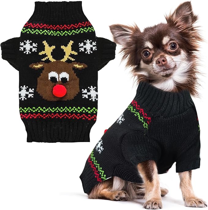 PETCARE Dog Christmas Sweater Black Ugly Funny Cute Cartoon Reindeer Cat Sweaters Jumper Holiday Dog Clothes Puppy Sweaters for Small Medium Large Dogs Fall Winter Outfits Xmas Dogs Costume,Small