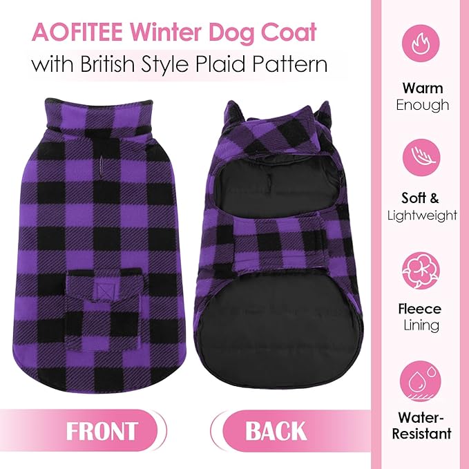 AOFITEE Dog Coat Plaid Dog Winter Coat for Small Dogs, Warm Dogs Jacket Christmas Sweater, Waterproof Pet Puffer Jacket, Reversible Pet Cold Weather Coats for Small Medium Large Pets, Purple L