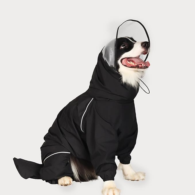 Dog Raincoat for Medium Large Dogs,rain Jacket Coat, Full Leg Coverage Waterproof Rain Suit with Detachable Hood & Tail, Reflective Strips, Snag-Free Top Zipper (Black for Boy, Small)