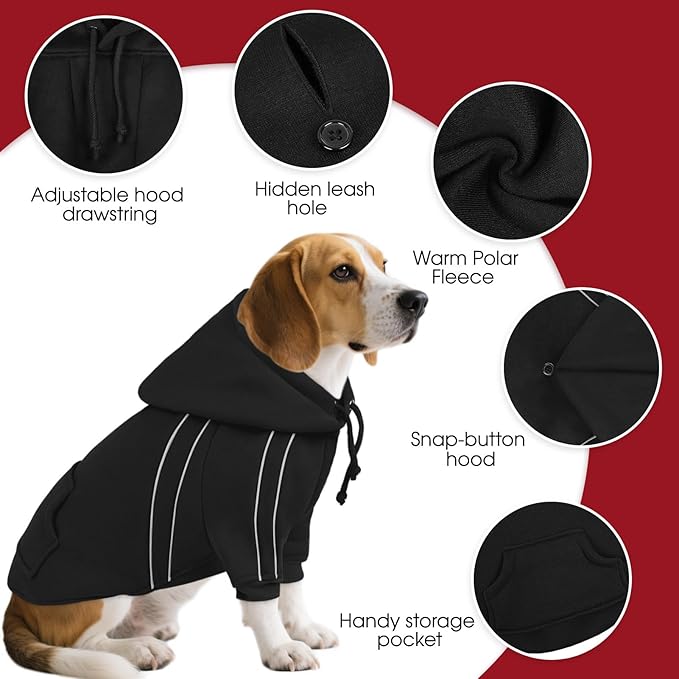 ASENKU Cozy Dog Hoodie，Soft Sweater with Adjustable Hood, Back Pocket and Leash Access Hole，Warm Reflective Sweatshirt for Cold Weather（Black，3XL