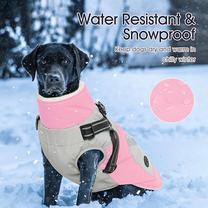 IECOii Dog Winter Coat with Harness Built in, Waterproof Windproof Dog Coats for Large Dogs, Thermal Fleece Cold Weather Jackets with Zip, Outdoor Warm Snow Jacket Reflective, Pink, XXXL