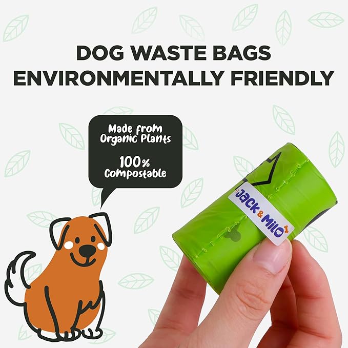 Jack & Milo Dog Waste Bags Environmentally Friendly - Reusable Bag Container - Leak Proof Dog Poop Bag - Extra Thick and Sturdy - 8 Rolls x 15 Bags