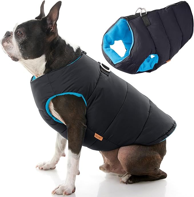 Gooby Dog Vest, Black, Large - Water Resistant Fleece Jacket with Dual D Ring Leash - Warm Winter Coat for Small & Medium Dogs