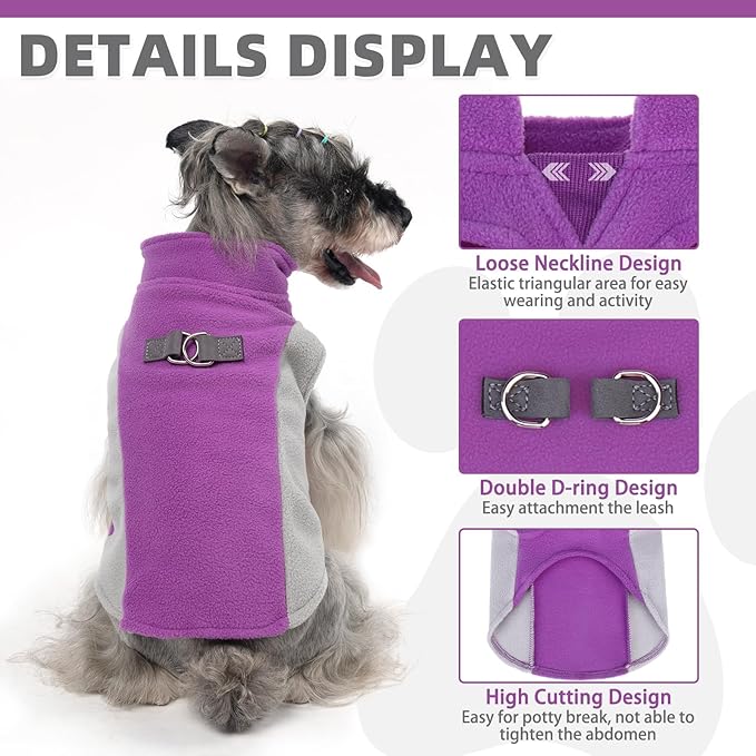 KOOLTAIL Dog Sweater - Dog Fleece Vest Jacket with Leash D-Ring for Small Medium Large Dogs, Soft Pullover Winter Warm Cold Weather Coats, Pet Fall Clothes Outfit for Puppy Cat Boys&Girls, Purple L