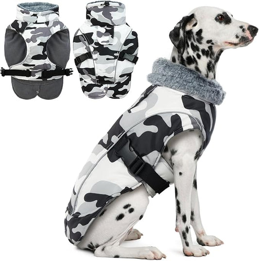DENTRUN Large Dog Coat - Thick Fleece Lined Reflective Winter Jacket, Snap Closure & Leash Hole, Warm Thick Fleece Lined, Plush Turtleneck Vest for German Shepherd, White Camo, XXL