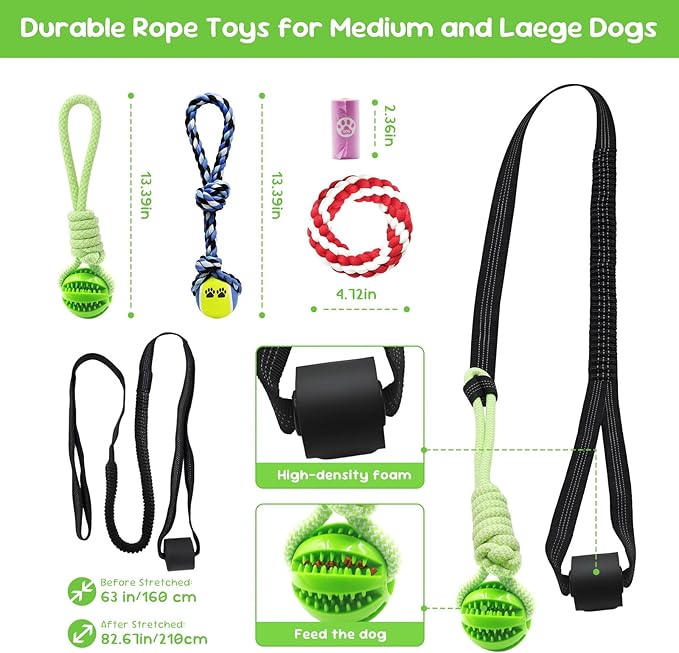 Dog Outdoor Bungee Solo Hanging Toy, Tether Tug of War Toys for Pitbull Small Large Aggressive Chewers Dogs to Exercise, Durable Interactive Tug Toy, Dog Rope Toys (3 Chew Ropes,1 poop bag)
