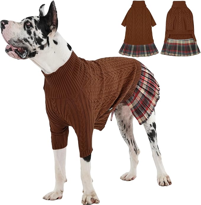 IECOii Girl Dog Sweater Dress, Great Dane Sweaters for Girl Dogs, Caramel,5XL, Extra Large Dog Sweater for Female Dogs Pet Winter Dress for Giant Breeds - Xmas Turtleneck Knitwear for Cold Weather
