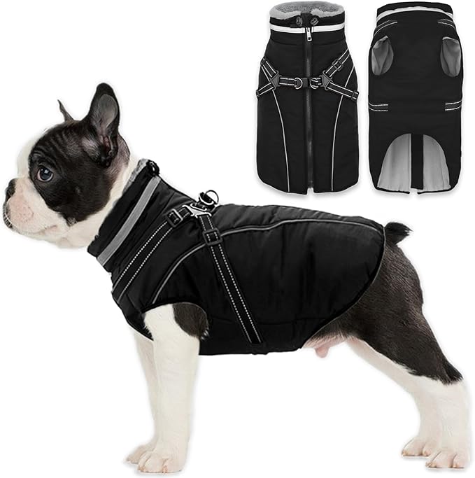 Fragralley Dog Coat with Harness Built in, Waterproof Windproof Reflective Warm Puffer Jacket, Fleece Lined Vest Winter Parka for Small, Medium, Large Dogs