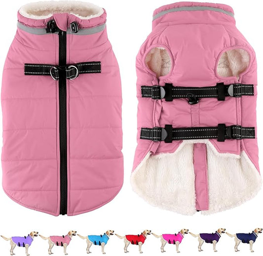 Dogcheer Dog Coat with Harness, Waterproof Dog Jacket Adjustable Winter Coat with Zipper, Christmas Puppy Snow Jacket Fleece Sweater for Small Medium Large Dogs - Light Pink 2XL