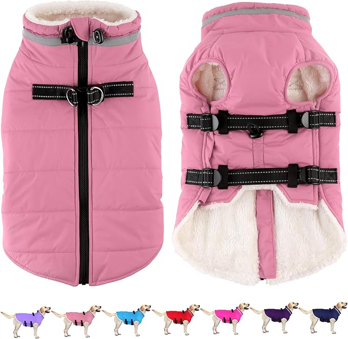 Dogcheer Dog Coat with Harness, Waterproof Dog Jacket Adjustable Winter Coat with Zipper, Christmas Puppy Snow Jacket Fleece Sweater for Small Medium Large Dogs - Light Pink XL