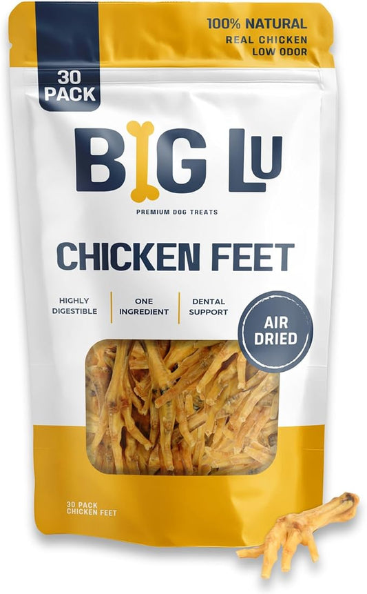 Big Lu – Nail-Free Chicken Feet Dog Chews, 100% Natural Single-Ingredient Treats, Rawhide-Free, Long-Lasting, Rich in Glucosamine and Chondroitin for Joint Health (30 Count, Chicken Feet)