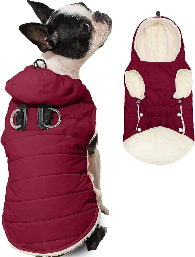 Fleece Lining Dog Hoodie with Harness Built in,Extra Warm Medium Dog Jacket in Winter Doggie Coats with Drawstring Hooded,Red XL