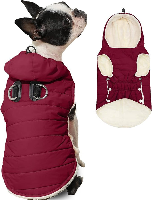 Fleece Lining Dog Hoodie with Harness Built in,Extra Warm Medium Dog Jacket in Winter Doggie Coats with Drawstring Hooded,Red L