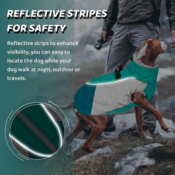 AOFITEE Dog Winter Coat, Dog Coat for Large Dogs, Reflective Large Dogs Jacket with Harness Built in and Fleece Lined, Waterproof Pet Winter Jacket Warm Snowsuit for Cold Weather, Green XXL