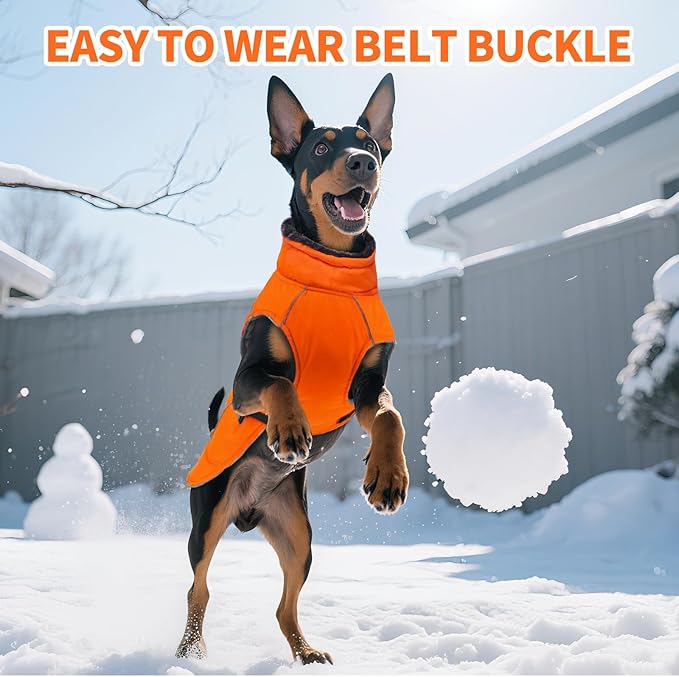 DENTRUN Dog Winter Coat - Windproof Reflective Jacket, Plush Turtleneck & Adjustable Belt, Water Repellent Fleece Lined Cold Weather Vest for Corgi Bulldog, Orange, L