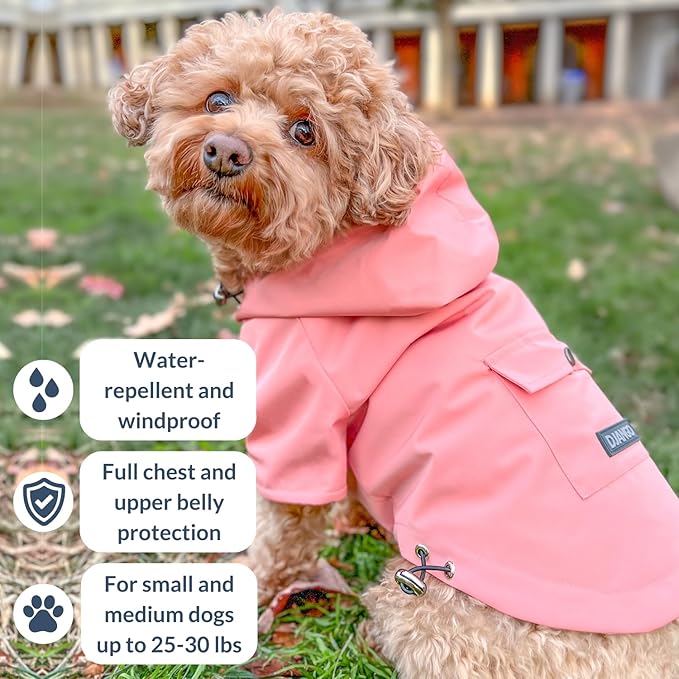 DJANGO Highland Dog Jacket & Raincoat – Water-Repellent, Lined Dog Coat with Hood, Adjustable Fit & Harness Hole – Lightweight Rain & Wind Jacket for Small & Medium Dogs up to 30 lbs (Pink, X-Small)