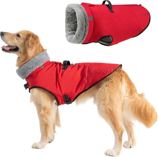 Mihachi Dog Coat for Large Dogs, Warm Dog Winter Coat Waterproof Dogs Jacket with Harness Built in Reflective Pet Fleece Vest, Puppy Cold Weather Coats Turtleneck & Windproof Pet Snowsuit, Red XL