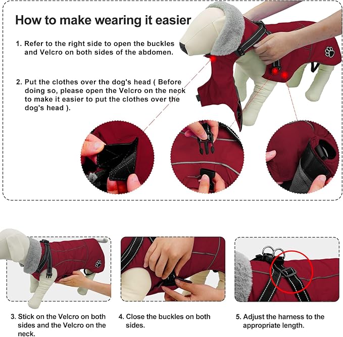Doglay Dog Jacket Waterproof Dog Coat with Harness Built in, Christmas Puppy Winter Coat Reflective Turtleneck Puffer Snow Jackets for Small Medium Large Dogs