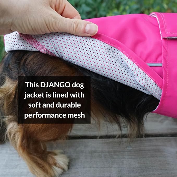 DJANGO Dog Jacket & Raincoat – Lightweight Water-Resistant Coat for Small, Medium & Long Dogs Like Dachshunds – Reflective, Adjustable Fit, Harness-Compatible & Easy-Access Harness Hole - Pink, Medium
