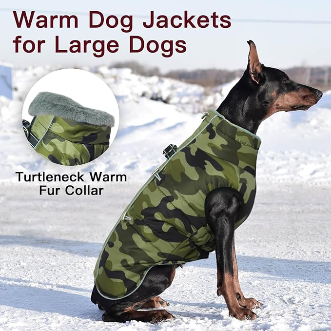 Dog Coat Dog Winter Jacket-Large, Warm Zip Up Snowsuit Dog Harness Vest Reflective Water-Resistant Dog Coat Dog Snow Jacket for Large Dogs French Bulldog, Pug, Camouflage