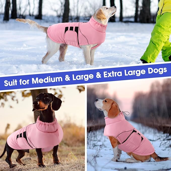 ASENKU Extra Warm Dog Coat - Winter Fleece Jacket with Reflective Stripe, Zippered Leash Hole for Medium Dogs (Pink, M)