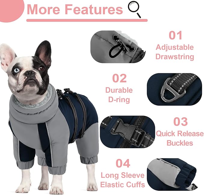 KOESON Four Legged Winter Dog Jacket with Adjustable Buckles, Turtleneck Windproof Fleece Jacket, Reflective Fullbody Puffer Coat Blue Grey L