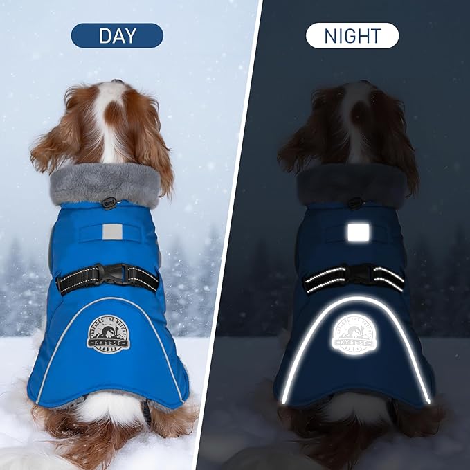 KYEESE Waterproof Dog Coat, Windproof Warm Winter Jacket with Thick Fleece Lined, Turtleneck Dog Coats for Small Dogs with Leash Hole, Reflective Outdoor Cold Weather Coat, Blue, Medium
