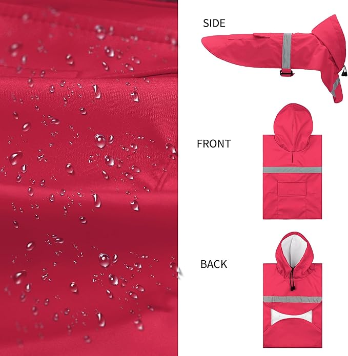 NACOCO Large Dog Raincoat Adjustable Pet Water Proof Clothes Lightweight Rain Jacket Poncho Hoodies with Strip Reflective (M, Red)