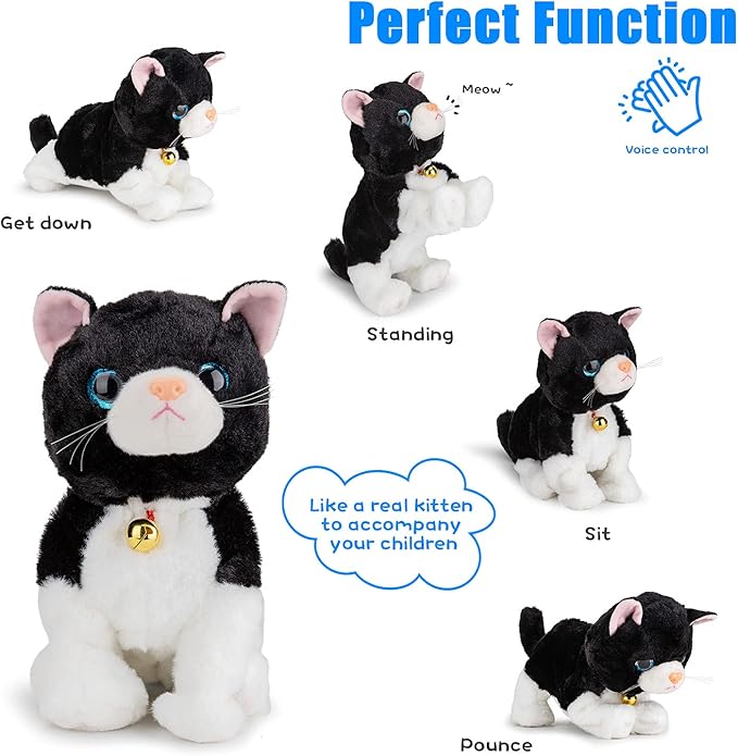 Smalody Interactive Electronic Plush Toy - Upgrade with LED Light Eyes Animated Sound Control Electronic Pet, Robot Cat Kitten Toys Gifts for Boys & Girls Kids Birthday Christmas (Black)