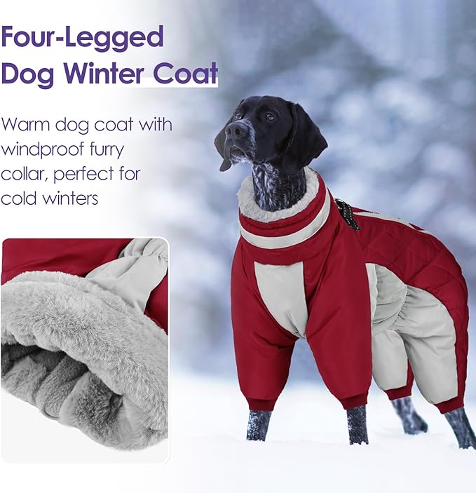 SUNFURA Full Body Dog Coat - Warm Fleece Jacket for Large Dogs, Turtleneck Winter Coats with Harness, Reflective Dog Snowsuit Windproof Puffer Jackets with Legs for French Bulldog, Burgundy L