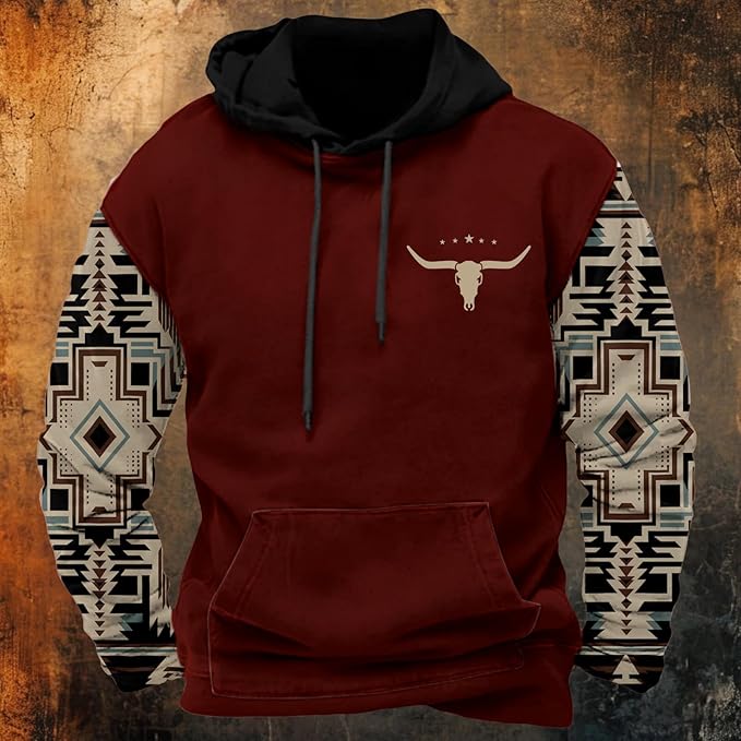 HOTYD Mens Western Aztec Sweatshirts Long Sleeve Fall Fashion Drawstring Pullover Vintage Graphic Cowboy Hoodie for Men