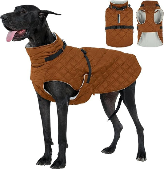 Kuoser Dog Coat Warm Fleece Lining Turtleneck Dog Jacket with Harness Built-in, Adjustable Windproof Cold Weather Coats with Quick Release Buckle Pet Winter Snowsuit for Extra Large Dogs, Khaki 3XL