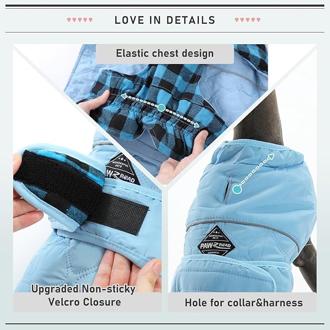 PAWZ Road Dog Winter Coat with 5 Layers Warm Material, Reversible Dog Clothes with 2 Sides, Dog Jacket Outdoor Water Repellent, (Blue Plaid L)