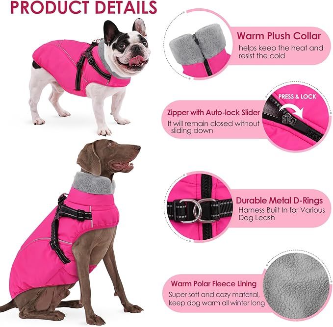 AOFITEE Dog Coat for Large Dogs, Waterproof Dog Jacket Winter with Harness Built in, Warm Fleece Pet Puffer Jacket with Zipper, Cold Weather Coats for Dogs, Reflective Pet Snowsuit, Pink XXL