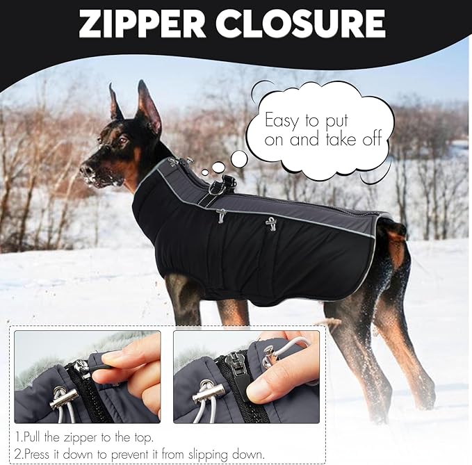 IDOMIK Warm Dog Coat with Harness, Waterproof Reflective Dog Jackets for Small Medium Large Dogs, Fleece High Collar Winter Jacket with Zipper, Pet Winter Snowsuit Clothes for Cold Weather,Black L