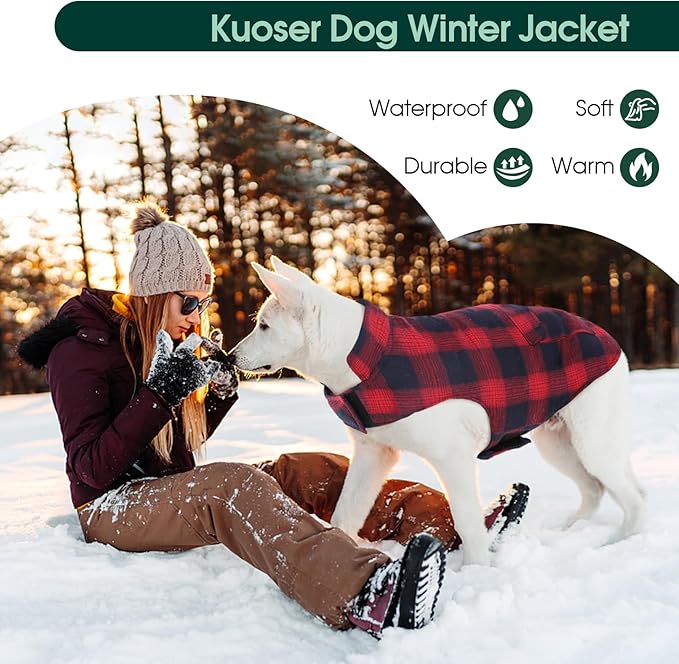 Kuoser Reversible Dog Jacket, Warm Winter Coat for Large Dogs, Warm Windproof Pet Cold Weather Clothes, Red XXL