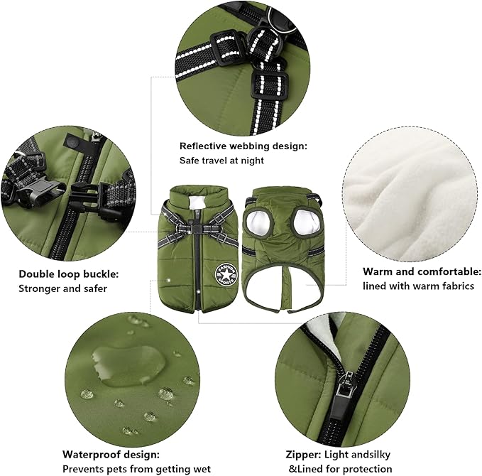 Aiboria Dog Jackets for Winter Windproof Waterproof 2 in 1 Outfit Cold Weather Coat Dog Vest Harness Puppy Winter Warm Jacket Green L