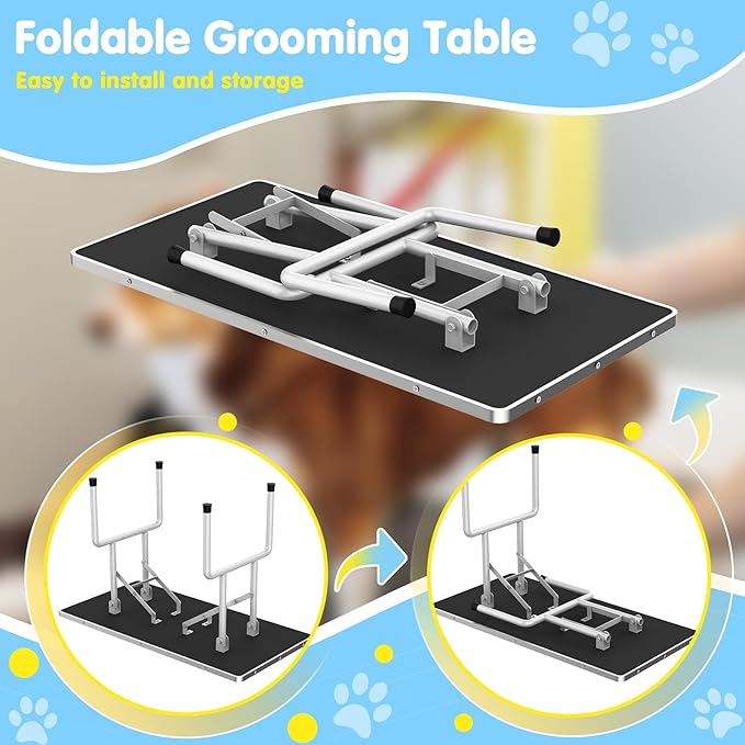 Lyromix 42''Large Dog Grooming Table, Adjustable Cat Drying Desktop with Arms, Nooses, Mesh Tray, Foldable Pet Station at Home, Maximum Capacity Up to 330Lb, 42inch, Blue