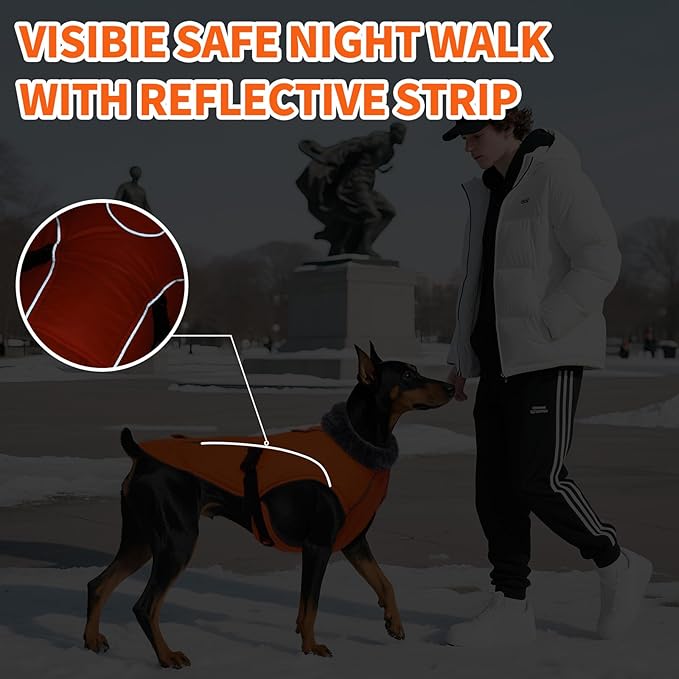 DENTRUN Extra Large Warm Dog Jacket - Windproof Water Repellent Reflective Coat, Adjustable Plush Turtleneck, Easy Wear Fleece Lined Cold Weather Vest for Great Dane, Orange, XXXL