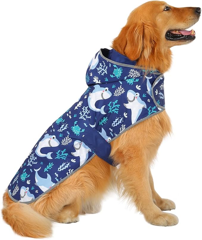 HDE Reversible Dog Raincoat Hooded Slicker Poncho Rain Coat Jacket for Small Medium Large Dogs Sharks - 3XL