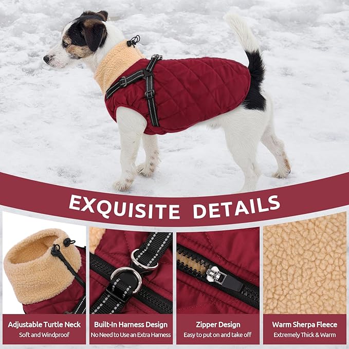 Queenmore Dog Jackets for Medium Dogs, Dog Coat with Harness Built in, Waterproof Pet Winter Coat with Zipper On Back Doggy Snowsuits Warm Soft Pet Jacket for French Bulldog, Poodle, Corgi, Burgundy M