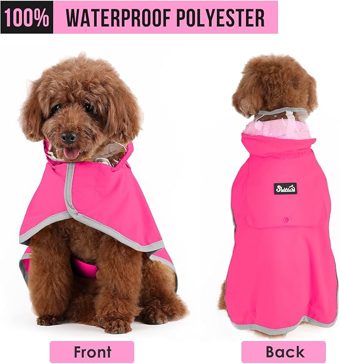 SlowTon Dog Raincoat, Adjustable Dog Rain Jacket Clear Hooded Double Layer, Waterproof Poncho with Reflective Strip Straps and Storage Pocket for Small Medium Large Dogs Puppies(FU M)
