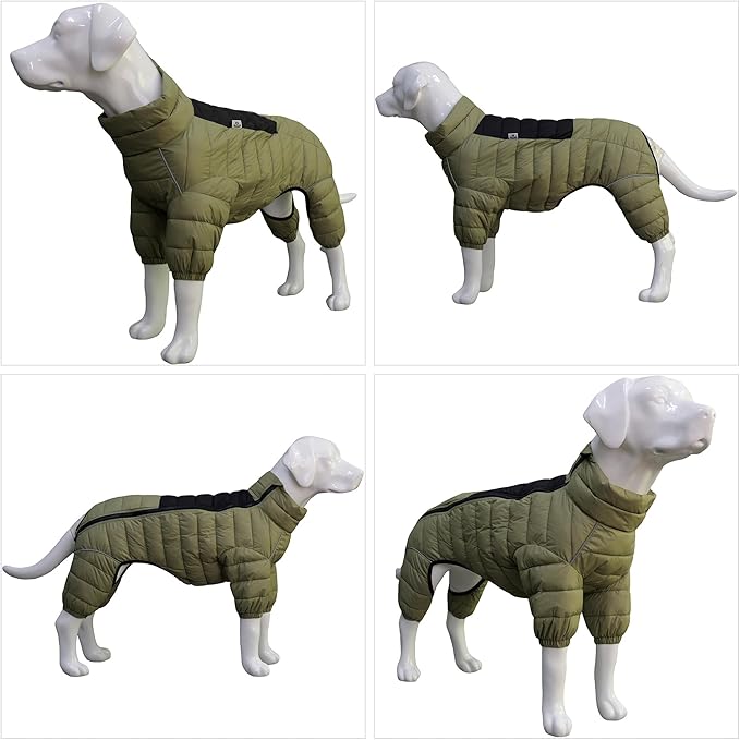 Warm Coat, 4 Legs Covered Waterproof Windproof Reflective Jacket, Zippered Adjustable Outdoor Snow Vest for Small Medium Large Dogs, Olive Green XXXL