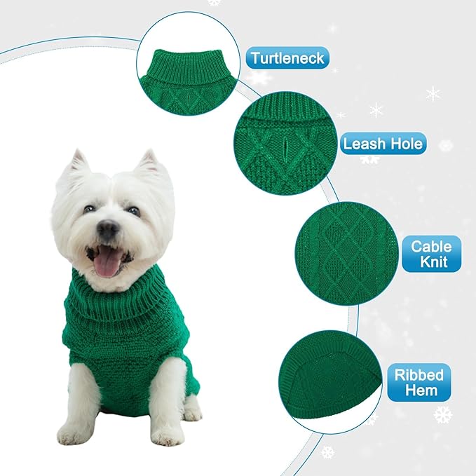 Mihachi Turtleneck Dog Sweater - Winter Coat Apparel Classic Cable Knit Clothes with Leash Hole for Cold Weather, Ideal Gift for Pet in New Year Green X-Small