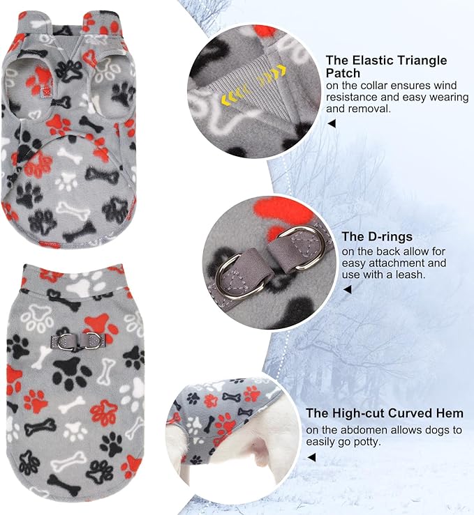 BEAUTYZOO Small Dog Sweater Fleece Vest Winter Jacket, D-Ring Leash Attachment for XS S Puppy Medium Sized Breeds Dogs, Cold Weather Dog Clothes Windproof Keep Warm, Grey Bone Paw S