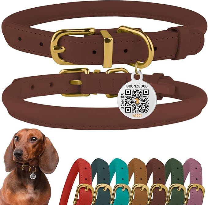BronzeDog Rolled Leather Dog Collar with QR ID Tag, Adjustable Soft Round Collars for Small Medium Large Dogs Puppy (11" - 14 1/2" Neck Size, Cognac Brown)