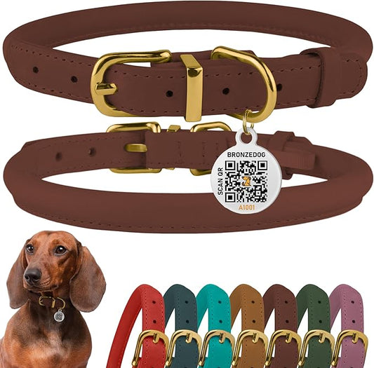 BronzeDog Rolled Leather Dog Collar with QR ID Tag, Adjustable Soft Round Collars for Small Medium Large Dogs Puppy (11" - 14 1/2" Neck Size, Cognac Brown)