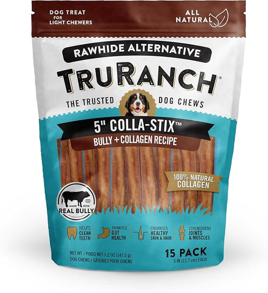 TRURANCH Collagen Sticks - 5" Collagen Sticks for Dogs - Long Lasting Healthy Joint Support Dog Treat - Rawhide Alternative - Skin & Coat Health - Made with Real Bully, 1 Bag, 15 Count