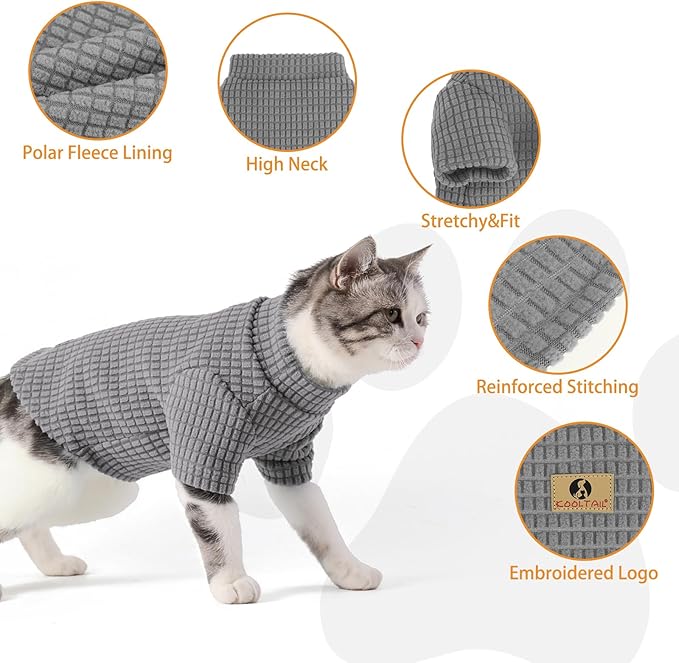 KOOLTAIL Cat Sweater for Sphynx - Soft Fleece Sweaters for Cats Only, Elastic Pet Clothes with Sleeves, Thick Winter Warm Cold Weather Apparel for Hairless Cat, Puppy Pajamas for Small Dogs, Grey L